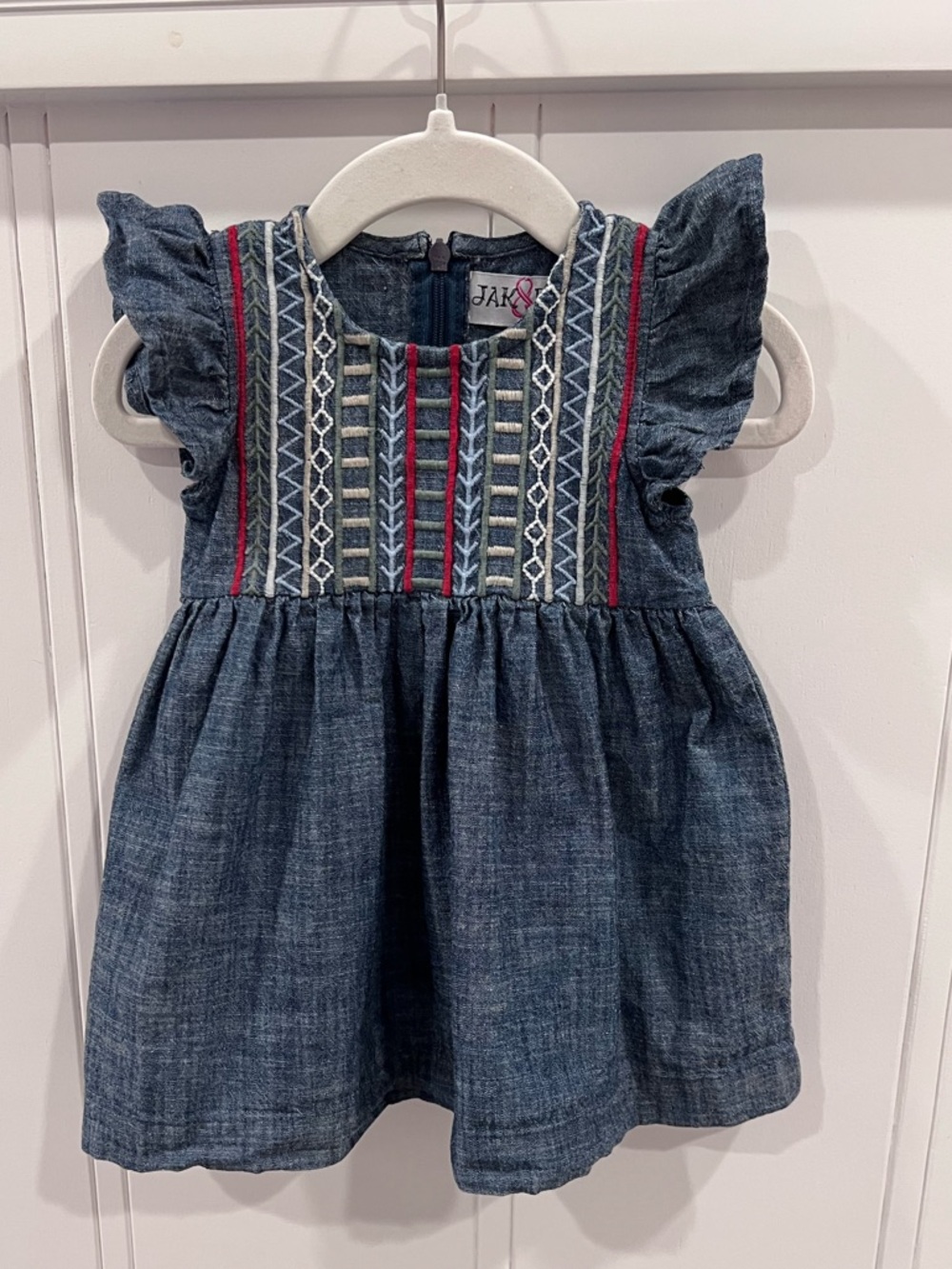JAK & PEPPAR Denim Look Embroidered Baby Dress - Blue with Red & Cream Accents